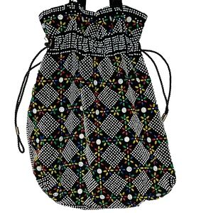 Vintage 70s Black White Multi Coloured Beaded Drawstring Shoulder Bag Colourful